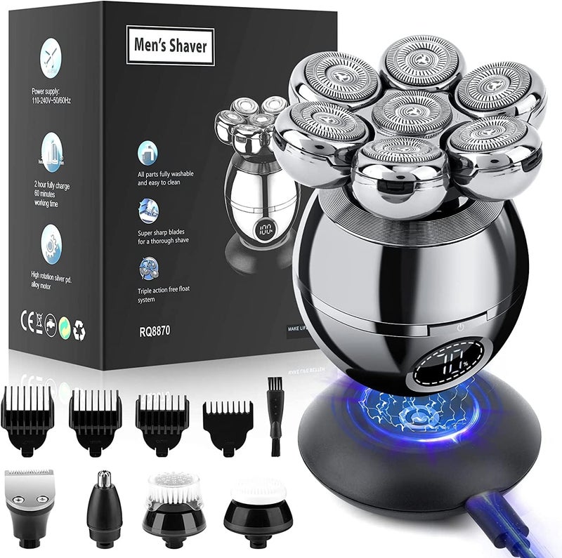 Head Shavers for Bald Men Wjiang 6 in 1 Electric Razor Mens Shaver Wet Dry Cordless Electric Skull Shavers 7D Floating Rechargeable Bald Head Shaver Back Shaver Head Shaver for Men Fathers Day gifts