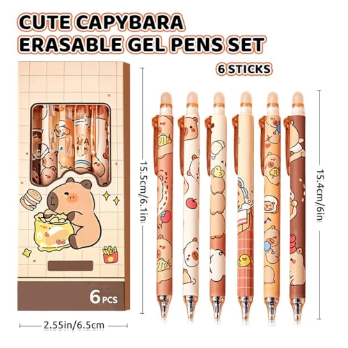 Climberty® 6Pcs Erasable Gel Pens with Rubber Eraser Cap Blue Ink Cute Cartoon Capybara Student Writing Pens Office Stationeries Gift Set - Image 2