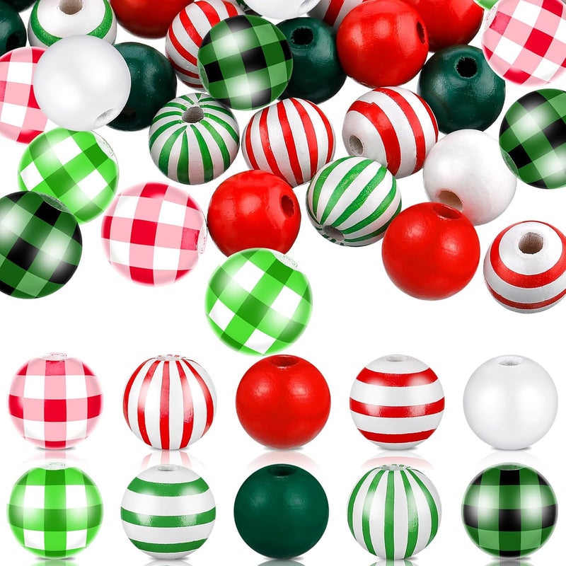 Marsui 160 Piece Christmas Wooden Bead Buffalo Plaid  Black Stripe Beads for Home Ornaments Holiday Rustic Farmhouse DIY Crafts  Jewelry MakingGreen Red White Black - Image 1