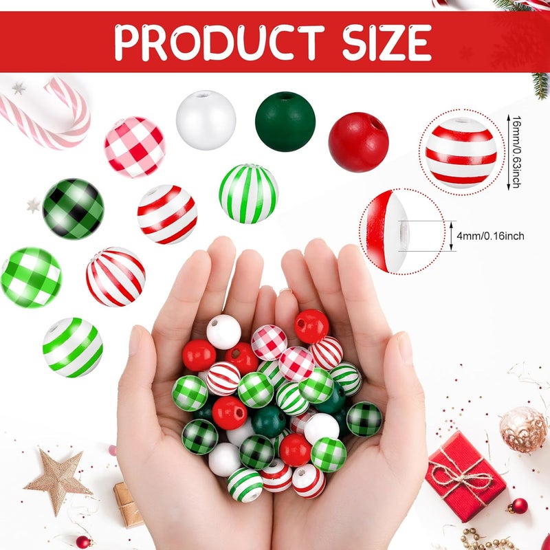 Marsui 160 Piece Christmas Wooden Bead Buffalo Plaid  Black Stripe Beads for Home Ornaments Holiday Rustic Farmhouse DIY Crafts  Jewelry MakingGreen Red White Black - Image 2