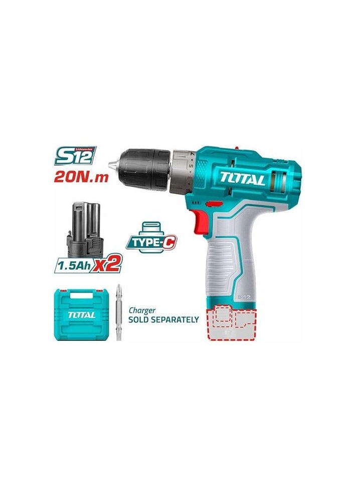 TOTAL 12V Cordless Drill with 2×1.5Ah Batteries – 20Nm Torque - Image 2