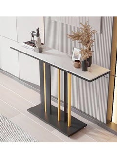 fashionhome Modern Design Rock Slab Console Table Black Sintered Stone Entryway Table Black and Gold Geometric Line Pedestal for Foyer Living Room Offices 100x30x80 cm  - Image 3