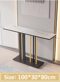 fashionhome Modern Design Rock Slab Console Table Black Sintered Stone Entryway Table Black and Gold Geometric Line Pedestal for Foyer Living Room Offices 100x30x80 cm  - Image 5