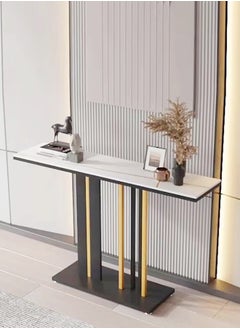 fashionhome Modern Design Rock Slab Console Table Black Sintered Stone Entryway Table Black and Gold Geometric Line Pedestal for Foyer Living Room Offices 100x30x80 cm  - Image 2