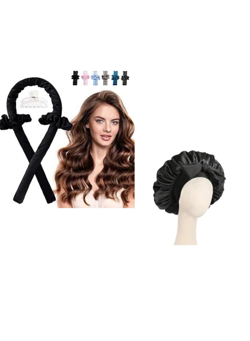 Elegant Silk Sleep Bonnet for Women, Single Layer Satin Fabric, High-Tech Care, Can Be Worn While Sleeping, Plus Sponge Headband for Heatless Curling at Night for a Gorgeous Natural Look, Black - Image 1