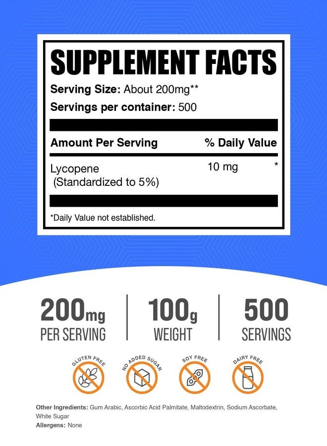 بالك سابلمنتس مسحوق الليكوبين من BulkSupplements.com - مكمل غذائي يحتوي على الليكوبين، 10 ملغ من الليكوبين - مكمل غذائي مضاد للأكسدة، خالٍ من الغلوتين، 200 ملغ لكل حصة، 100 غرام (3.5 أونصة) (عبوة واحدة) - Image 2