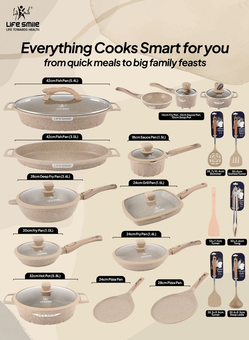 Life Smile Granite Nonstick Cookware Set with Silicone Utensils | Complete Pots & Pans Set with Soup Pots, Shallow Pots, Fry Pans, Wok, Grill Pan, Fish Pan, Pizza Pan & Hot Pot | PFOA-Free Induction Base Cookware - Image 3