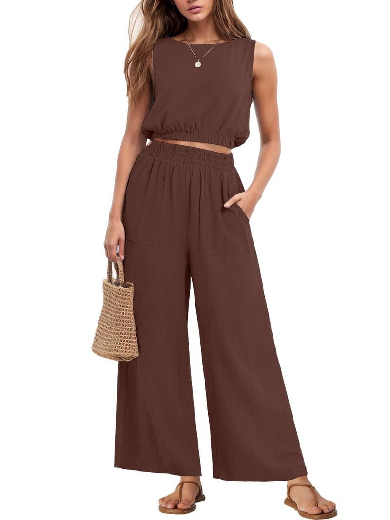 GRECERELLE 2 Piece Sets for Women Summer Resort Wear 2025 Sleeveless Crop Top Wide Leg Pants Sweat Set for Women Coffee-M