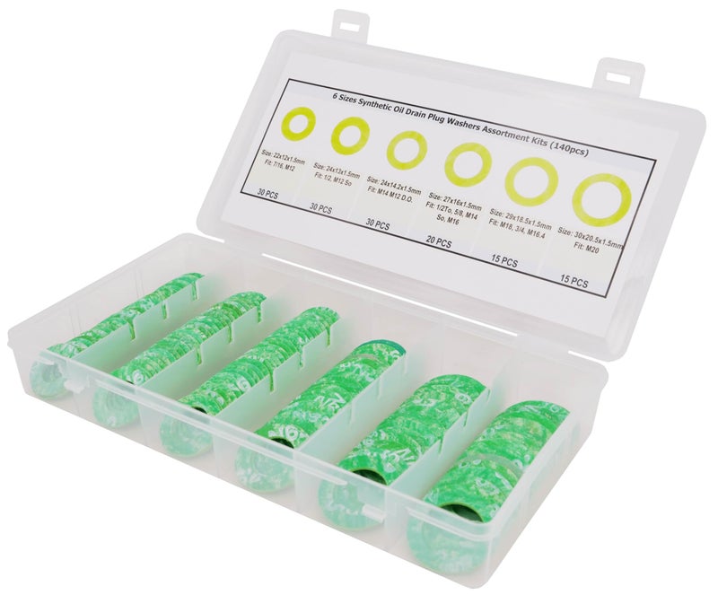 Dsnaduo 140PCS 6 Sizes Green Synthetic Fiber Oil Drain Plug Gaskets, Washer Assortment Kits Fit M12 M14 M16 M18 M20 (Green) Replace 097-130, 097-129, 097-128, 097-127 - Image 5