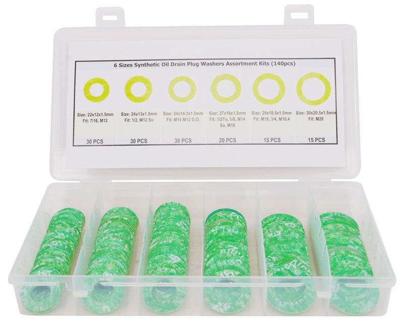 Dsnaduo 140PCS 6 Sizes Green Synthetic Fiber Oil Drain Plug Gaskets, Washer Assortment Kits Fit M12 M14 M16 M18 M20 (Green) Replace 097-130, 097-129, 097-128, 097-127 - Image 4