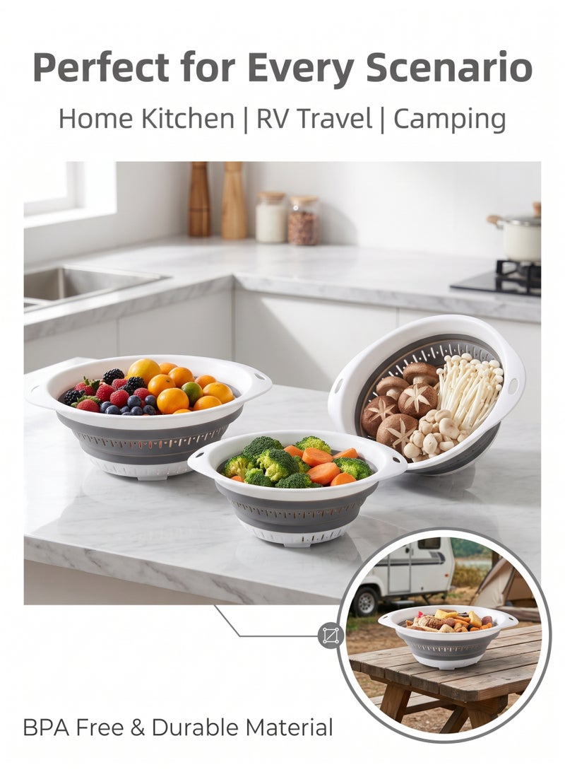 nihao 3PCS Latest Retractable Silicone Drainer Multifunctional Kitchen Drainer Vegetable And Fruit Drain Storage Basket Silicone Collapsible Colander, Square Collapsible Strainer With Handles Silicone Food Strainers For Draining Pasta Potatoes Fruits Vegetables-Oval - Gray and White. 31.2*13 CM,2.5L - Image 4