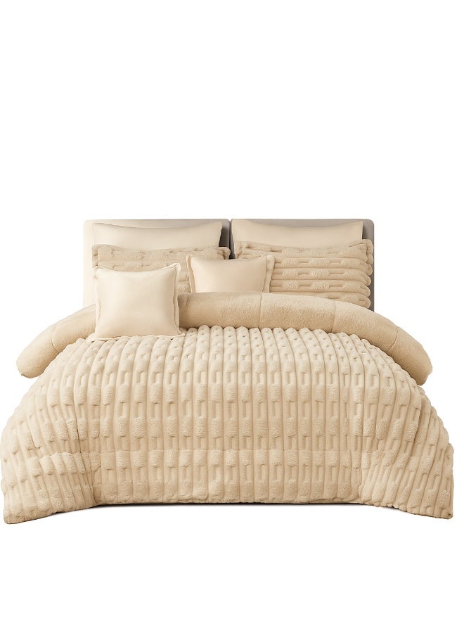 مينج لي مفرش شتوي فاخر وجهين (مخمل × فرو) – طقم لحاف 8 قطع مقاس مزدوج 250×230 سم | تصميم فندقي دافئ وناعم يمنحك راحة وأناقة - Image 4