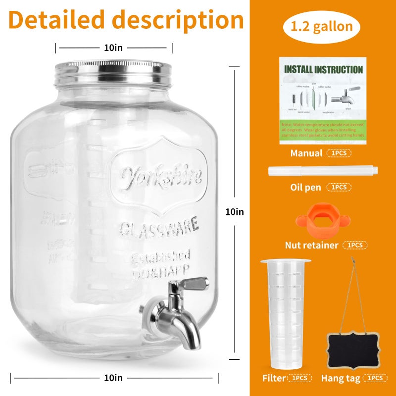 DD&HAPP Glass Beverage Dispenser With Stainless Steel Spigot,1.2 Gallon Mason Jar Drink Dispenser,Sun Tea,Lemonade & Juice Dispenser for Parties, Weddings & Events.Leak-Proof, Infuser Included. - Image 2