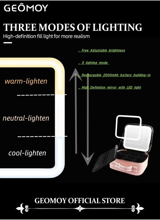Geomoy Makeup Bag with LED Mirror of 3-level Adjustable Brightness Essential for Makeup in The Dark Storage Box and Dividers suitable for Cosmetics Jewelry and Other Makeup Tools  - Image 3