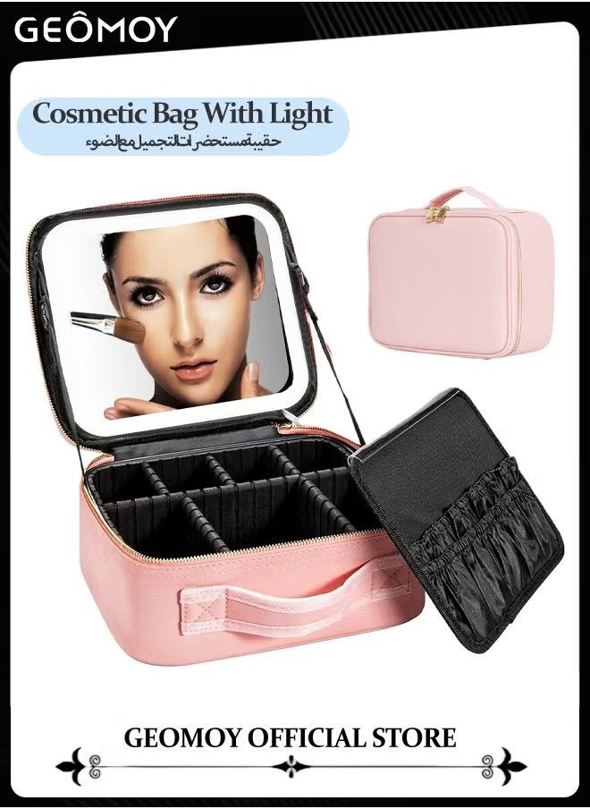Geomoy Makeup Bag with LED Mirror of 3-level Adjustable Brightness Essential for Makeup in The Dark Storage Box and Dividers suitable for Cosmetics Jewelry and Other Makeup Tools  - Image 1