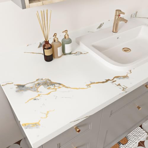 STICKEEP White and Gold Marble Peel and Stick Wallpaper Waterproof Marble Contact Paper for Countertops Kitchen Marble Vinyl Wrap Granite Wallpaper for Cabinets Bathroom Vanity Desk 17.7" x 120" - Image 3