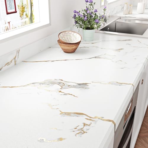 STICKEEP White and Gold Marble Peel and Stick Wallpaper Waterproof Marble Contact Paper for Countertops Kitchen Marble Vinyl Wrap Granite Wallpaper for Cabinets Bathroom Vanity Desk 17.7" x 120" - Image 1
