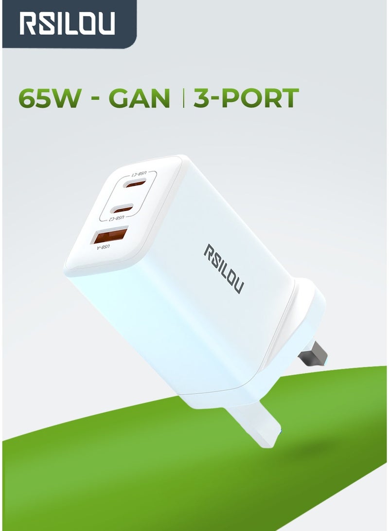 RSILOU - R4291 65W 3-Port Fast Charging Wall Charger (1A + 2C) | Supports Laptop & Mobile Charging | Compact & Travel-Friendly - Image 1