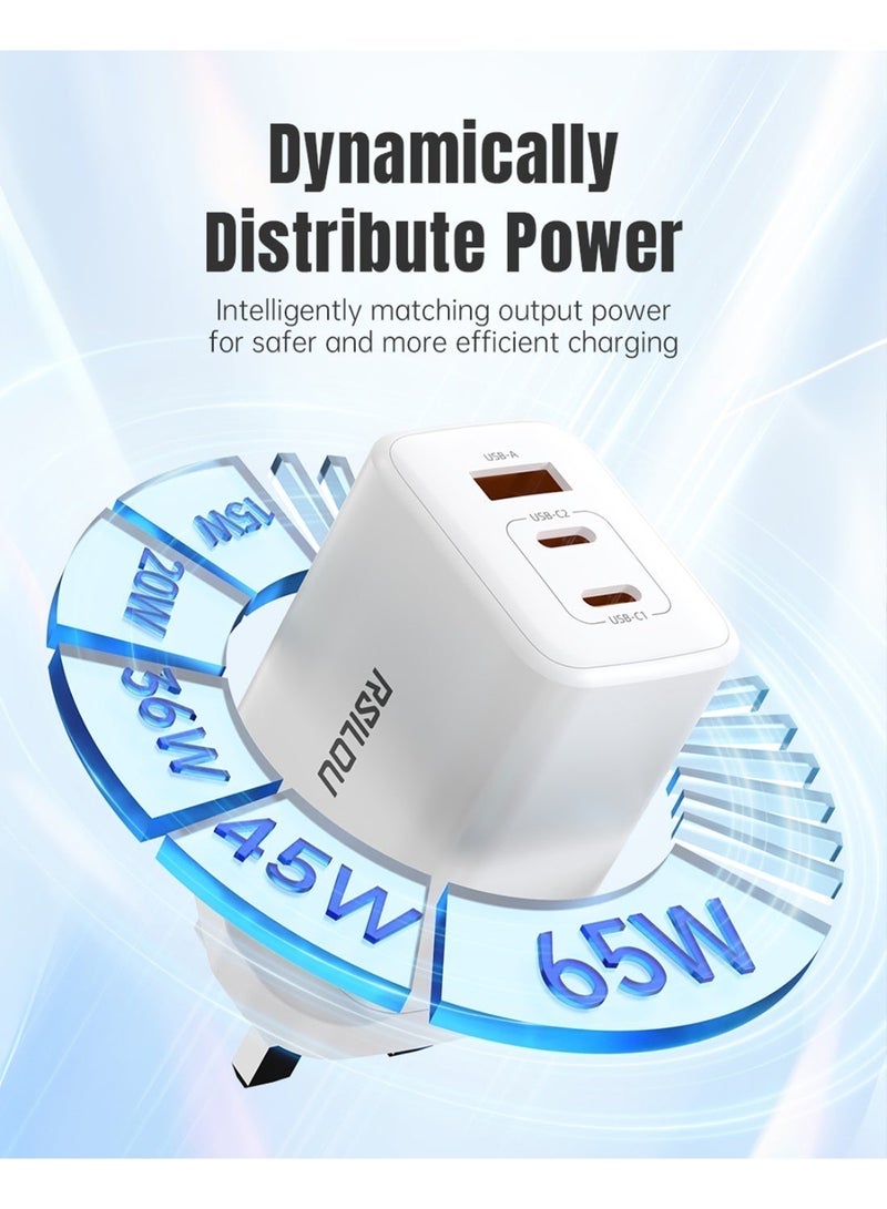 RSILOU - R4291 65W 3-Port Fast Charging Wall Charger (1A + 2C) | Supports Laptop & Mobile Charging | Compact & Travel-Friendly - Image 2