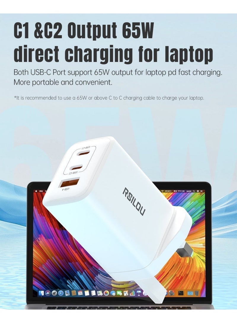 RSILOU - R4291 65W 3-Port Fast Charging Wall Charger (1A + 2C) | Supports Laptop & Mobile Charging | Compact & Travel-Friendly - Image 4