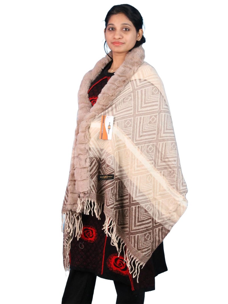 Pick Ur Needs Elegant Winter Soft & Warm Woolen Shawl with Faux Fur Border Multi Color Pattern Scarf (Light Brown 2) - Image 1