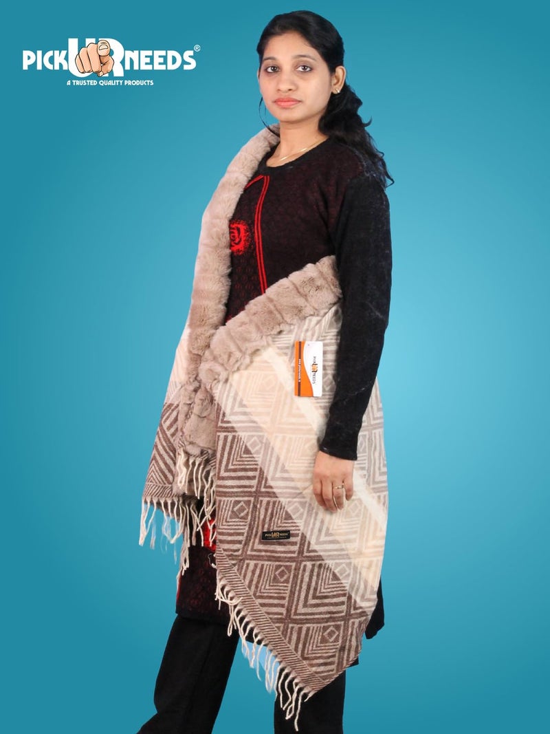 Pick Ur Needs Elegant Winter Soft & Warm Woolen Shawl with Faux Fur Border Multi Color Pattern Scarf (Light Brown 2) - Image 2
