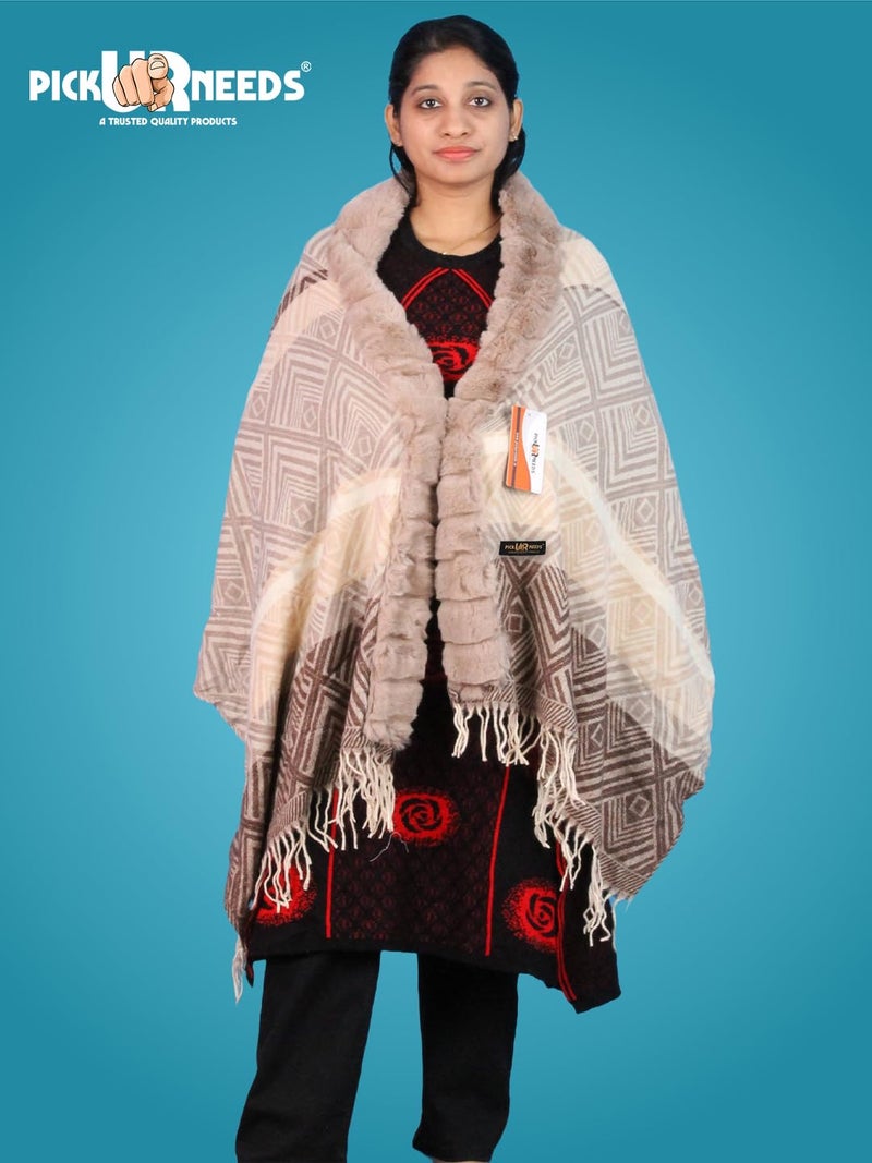 Pick Ur Needs Elegant Winter Soft & Warm Woolen Shawl with Faux Fur Border Multi Color Pattern Scarf (Light Brown 2) - Image 3
