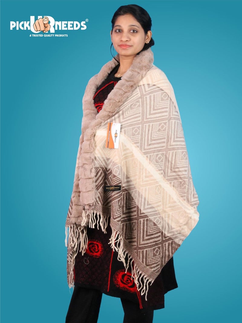 Pick Ur Needs Elegant Winter Soft & Warm Woolen Shawl with Faux Fur Border Multi Color Pattern Scarf (Light Brown 2) - Image 5