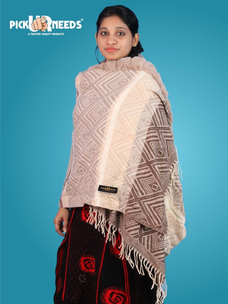 Pick Ur Needs Elegant Winter Soft & Warm Woolen Shawl with Faux Fur Border Multi Color Pattern Scarf (Light Brown 2) - Image 4