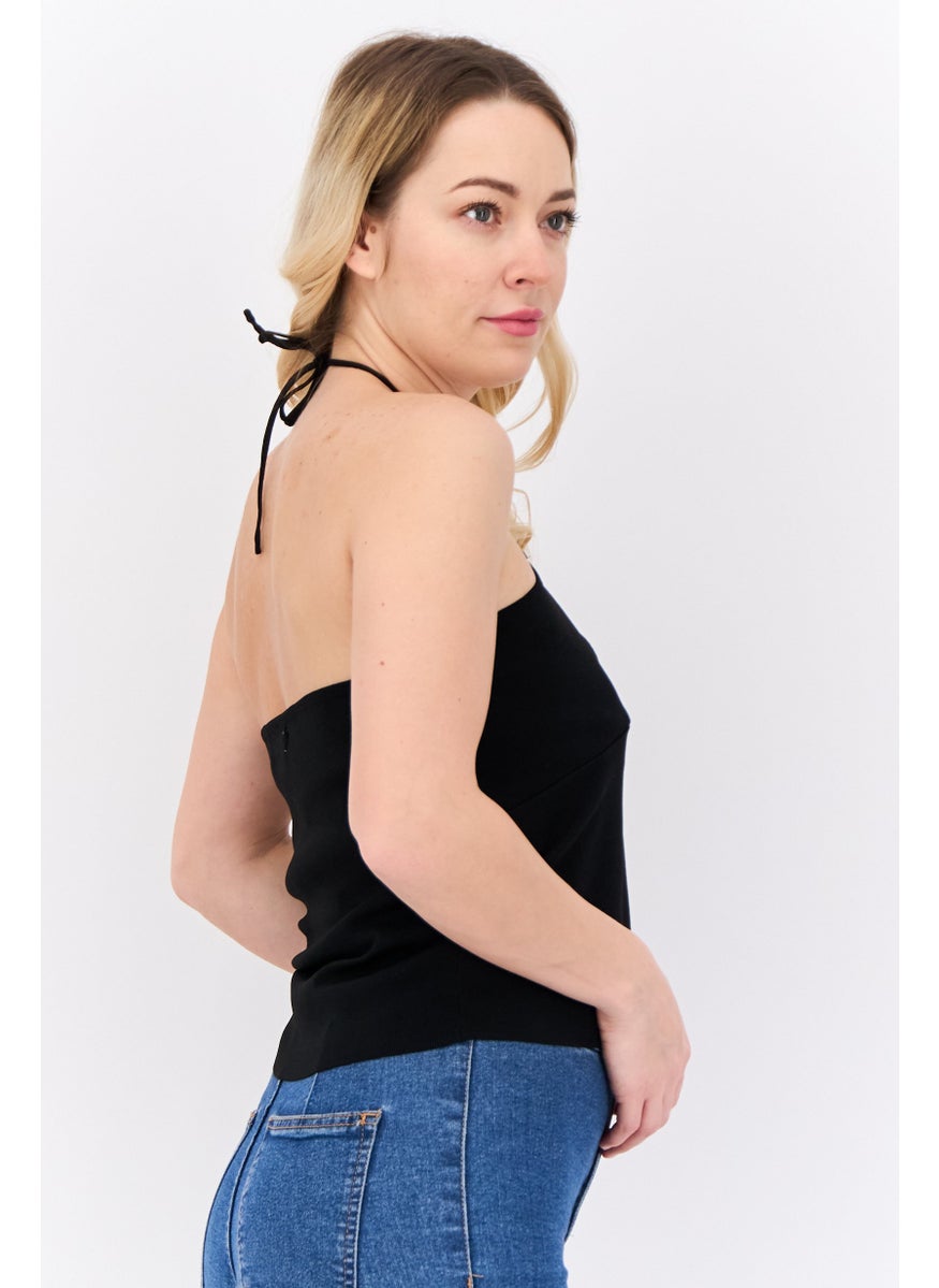 MANGO Women Halter Neck Sleeveless Plain Crop Top, Black  - Image 2