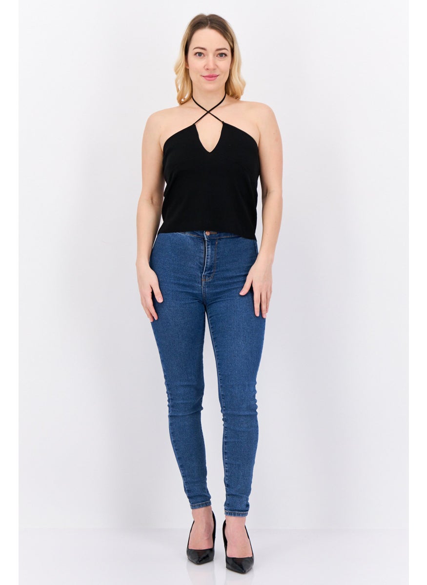 MANGO Women Halter Neck Sleeveless Plain Crop Top, Black  - Image 4