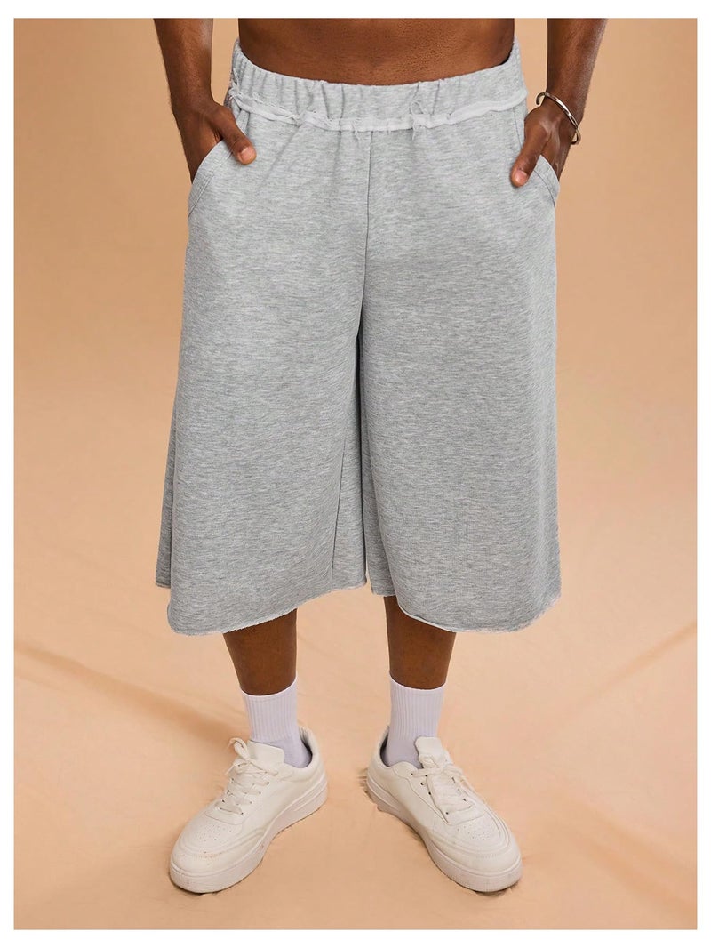 OYOANGLE Men's Gym Sweat Shorts Hip Hop Solid Below Knee Loose Basketball Athletic Capri Shorts with Pockets Grey Large - Image 4