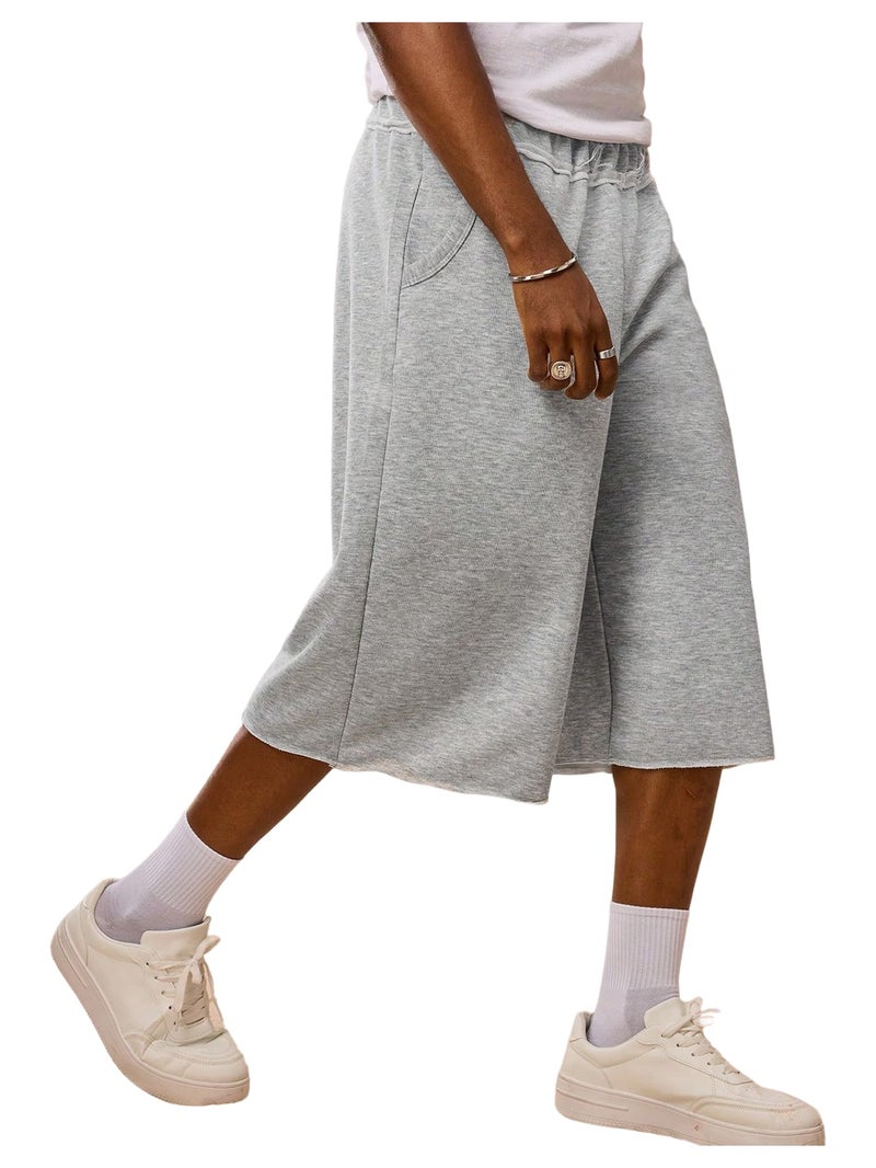 OYOANGLE Men's Gym Sweat Shorts Hip Hop Solid Below Knee Loose Basketball Athletic Capri Shorts with Pockets Grey Large - Image 1