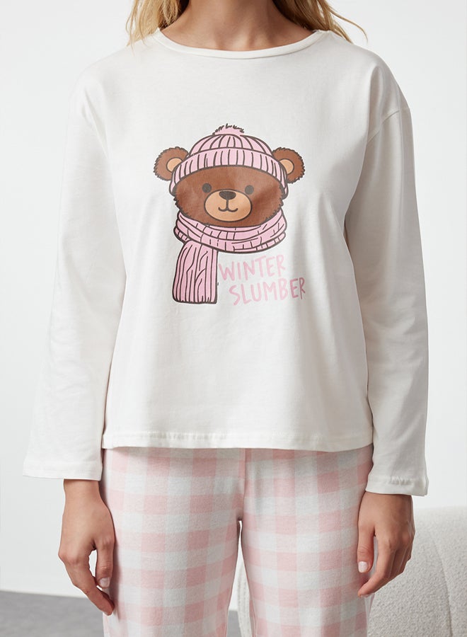 trendyol Ecru 100% Cotton Teddy Bear Printed Plaid Knitted Pajama Set THMAW25PT00088 - Image 4