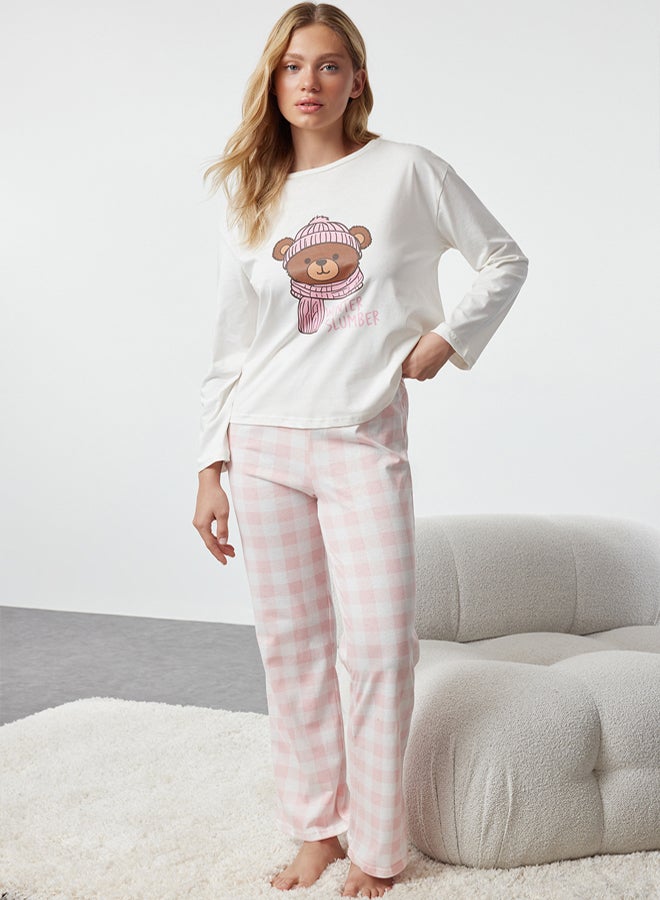 trendyol Ecru 100% Cotton Teddy Bear Printed Plaid Knitted Pajama Set THMAW25PT00088 - Image 1