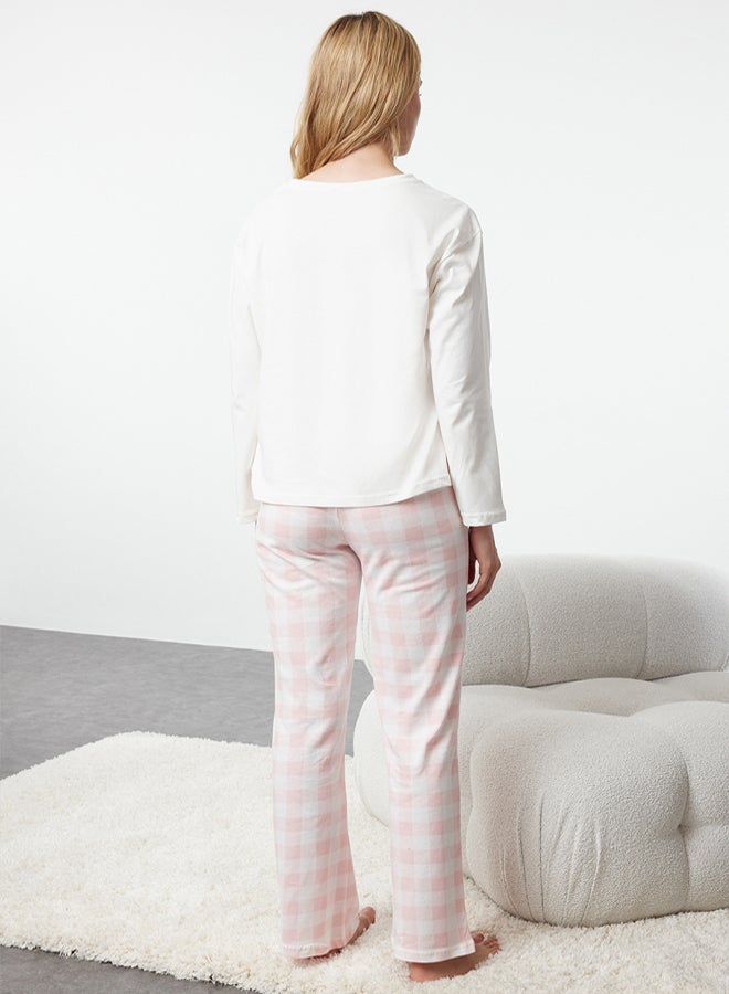 trendyol Ecru 100% Cotton Teddy Bear Printed Plaid Knitted Pajama Set THMAW25PT00088 - Image 5