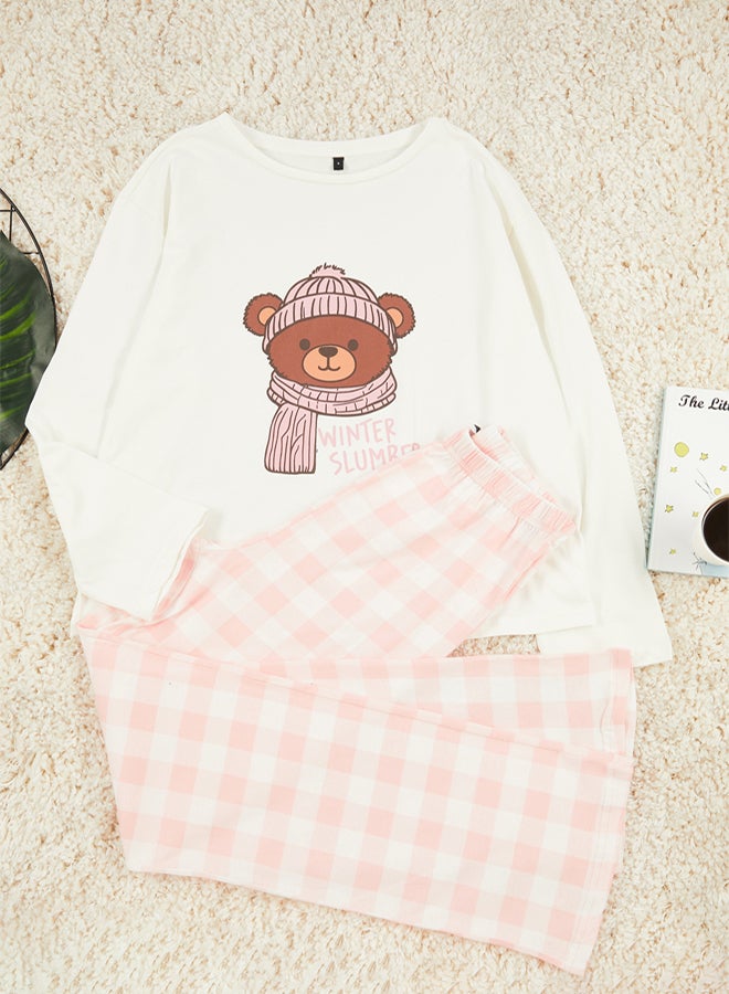 trendyol Ecru 100% Cotton Teddy Bear Printed Plaid Knitted Pajama Set THMAW25PT00088 - Image 3