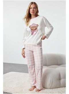 trendyol Ecru 100% Cotton Teddy Bear Printed Plaid Knitted Pajama Set THMAW25PT00088  - Image 1