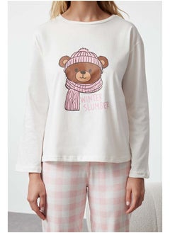 trendyol Ecru 100% Cotton Teddy Bear Printed Plaid Knitted Pajama Set THMAW25PT00088  - Image 4
