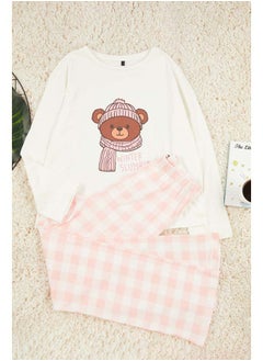 trendyol Ecru 100% Cotton Teddy Bear Printed Plaid Knitted Pajama Set THMAW25PT00088  - Image 3