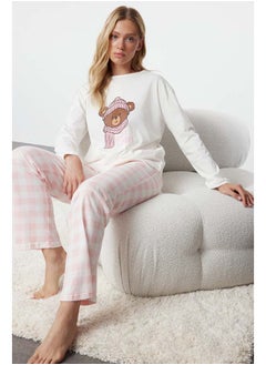 trendyol Ecru 100% Cotton Teddy Bear Printed Plaid Knitted Pajama Set THMAW25PT00088  - Image 2