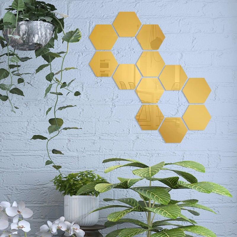 Hexagon Mirror Wall Decals: 12PCS Gold 10CM Side Length - Scratch-resistant Protective Film Removable Mirror Sticker for Living Room Office Home Decor - Image 3
