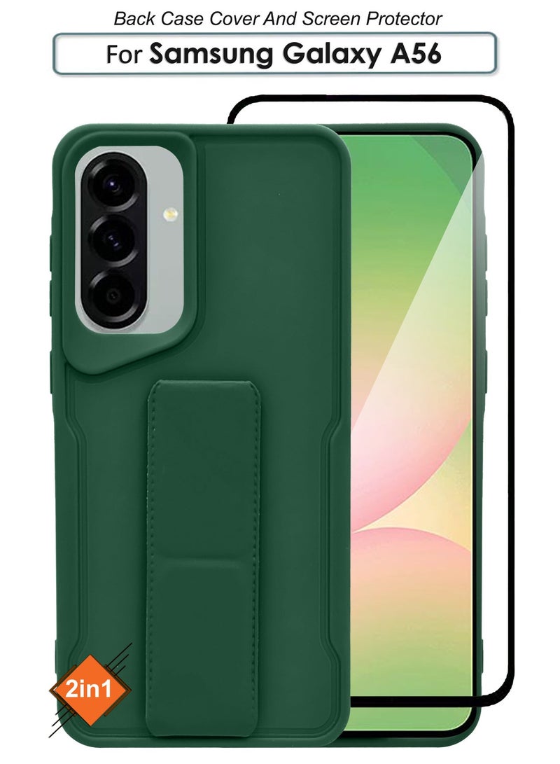 For Samsung Galaxy A56 - Hard Silicone Magnetic Back Stand Case  With Foldable Kickstand & Finger Strap + Tempered Glass Screen Protector   - Green - Image 1