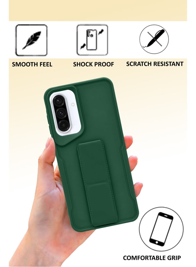 For Samsung Galaxy A56 - Hard Silicone Magnetic Back Stand Case  With Foldable Kickstand & Finger Strap + Tempered Glass Screen Protector   - Green - Image 2