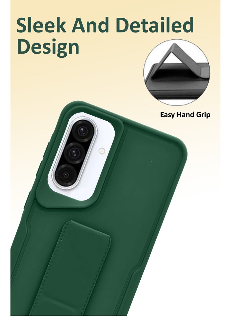 For Samsung Galaxy A56 - Hard Silicone Magnetic Back Stand Case  With Foldable Kickstand & Finger Strap + Tempered Glass Screen Protector   - Green - Image 4