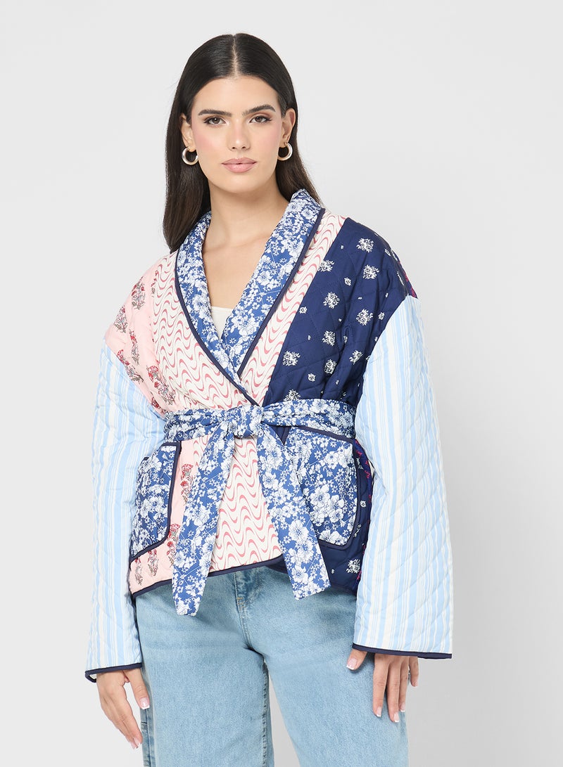 جينجر جاكيت مبطن بتطريز الزهور مع حزام - Image 1