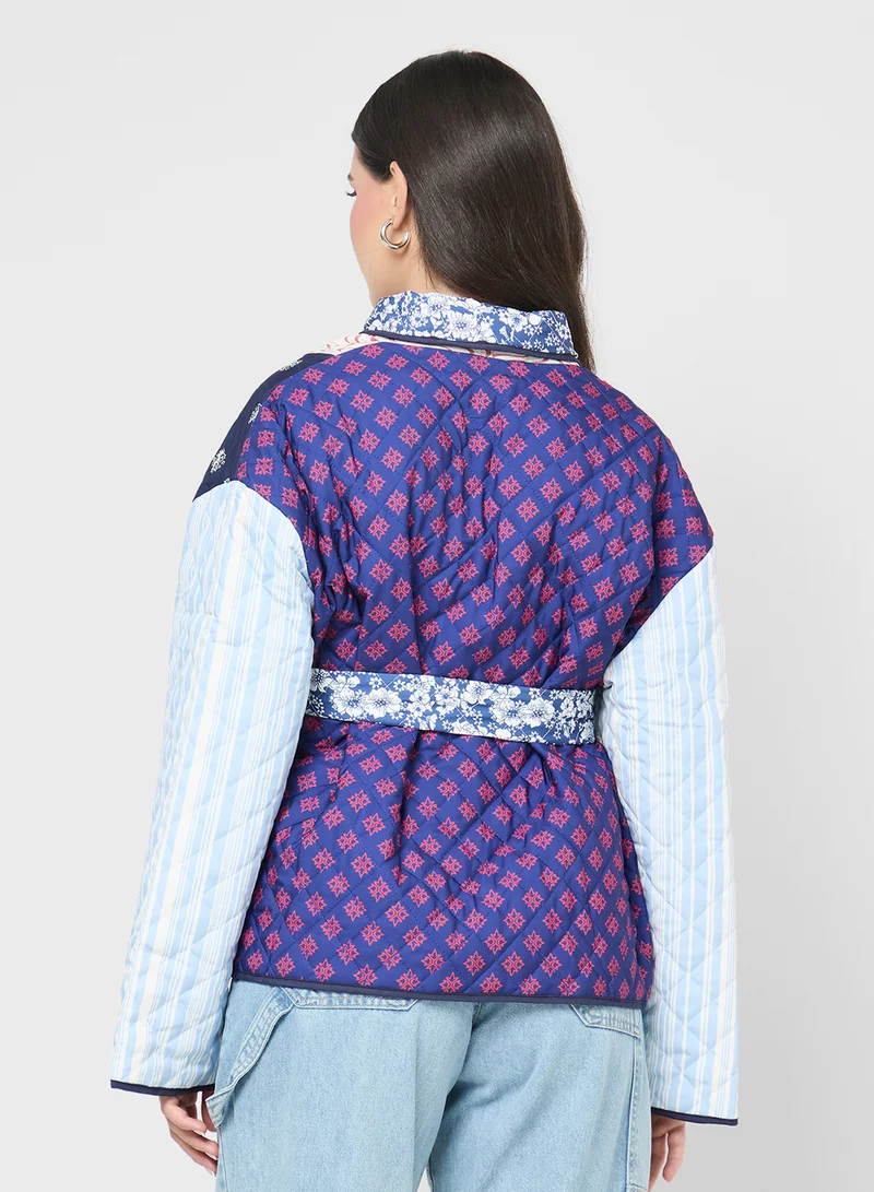 جينجر Floral Patchwork Quilted Jacket with Belt