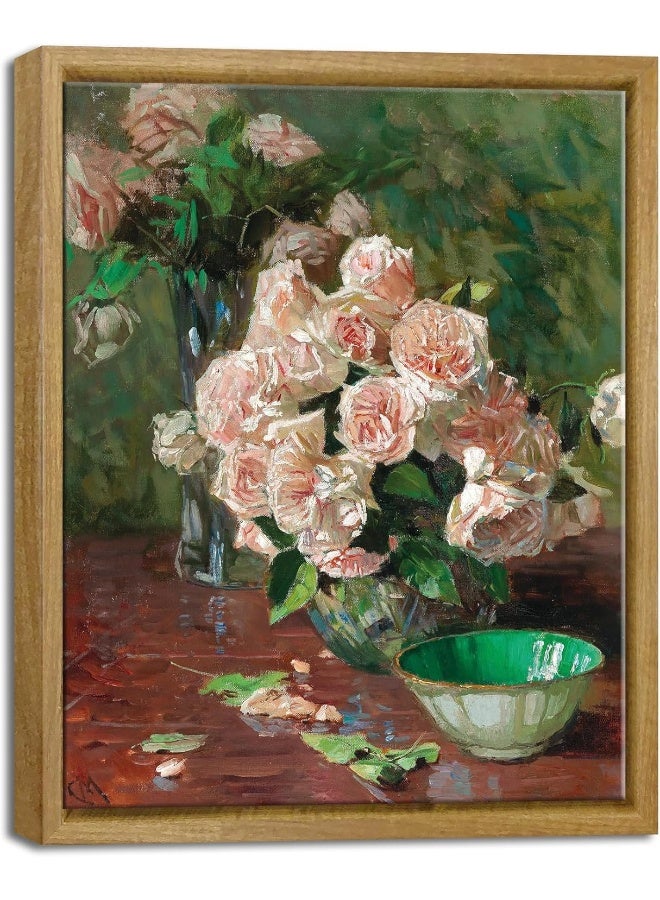 Pyradecor Vintage Canvas Wall Art Retro Natural Wood Framed Home Decor White Roses Canvas Prints Mid Century Wall Decor for Living Room Office Farmhouse Kitchen Decorations AH1108-2025NW - Image 1