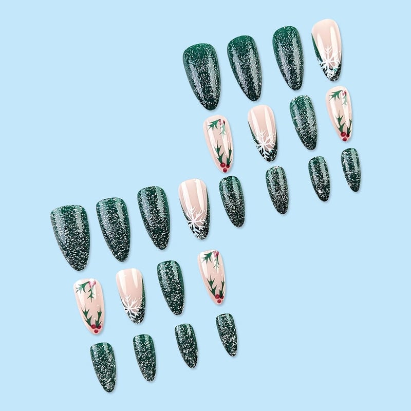 WULIUFLY Reliable durability Christmas Press on Nails Almond Green Glitter Fake Nails Medium French Tip False Nails with Snowflake Designs Acrylic Nails Xmas Glue on Nails Glossy Medium Artificial Nails Stick on Nails for Women Gulf market standard build - Image 4