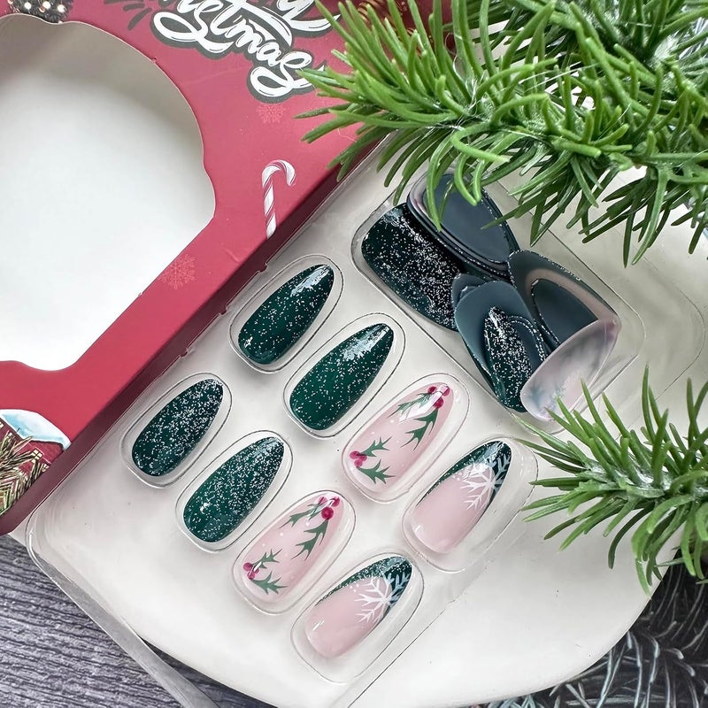 WULIUFLY Reliable durability Christmas Press on Nails Almond Green Glitter Fake Nails Medium French Tip False Nails with Snowflake Designs Acrylic Nails Xmas Glue on Nails Glossy Medium Artificial Nails Stick on Nails for Women Gulf market standard build - Image 3